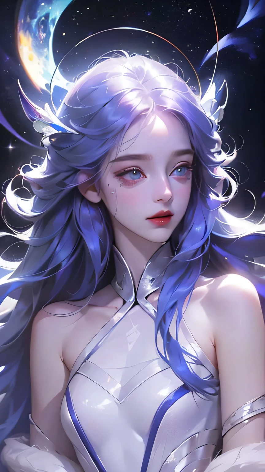 ((girl, fur)), Brilliant eyes, blue pupils，smile, fur girl,long hair, ceramic body, hip gap, ((The background is a city with a technology feel.)),The starry sky is magnificent， (translucent, Reflective skin), (Surrealism: 1.4), ((Detailed facial features, Detailed eyes, detailed face)), portrait 