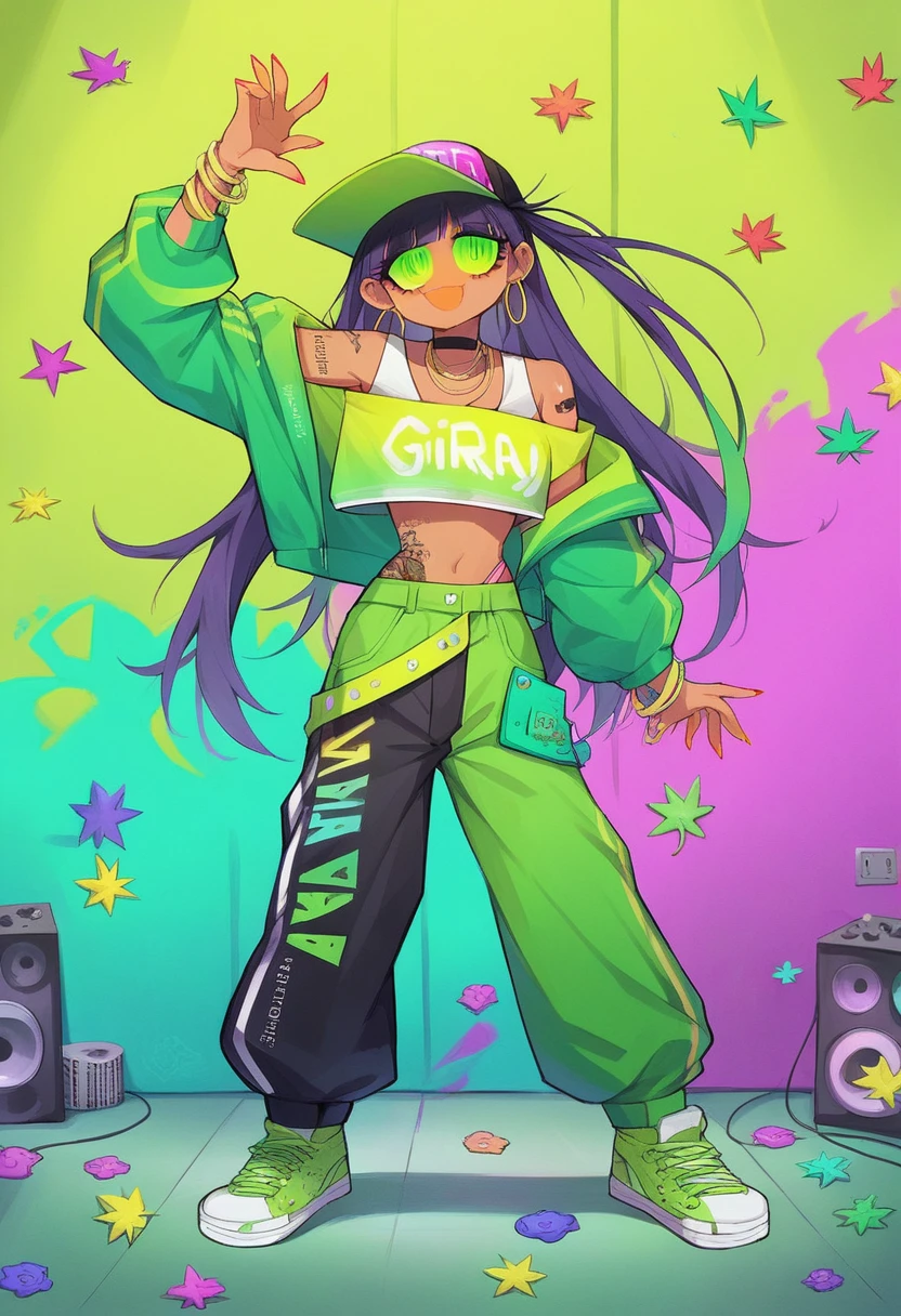 ((long shot, full body: 1.6)), purple: 1.5, orange: 1.1, green: 1.3, White: 1.3, yellow: 1.3, (rapper girl with scary hair, highly detailed eyes and body and beautiful baggy and baggy clothes :1.6), tattoos, (walls with Graffiti: 1.2), flower, Leaves, born in the mist, lines, leaning on the wall with a spray paint in her hand, action pose, 32K.