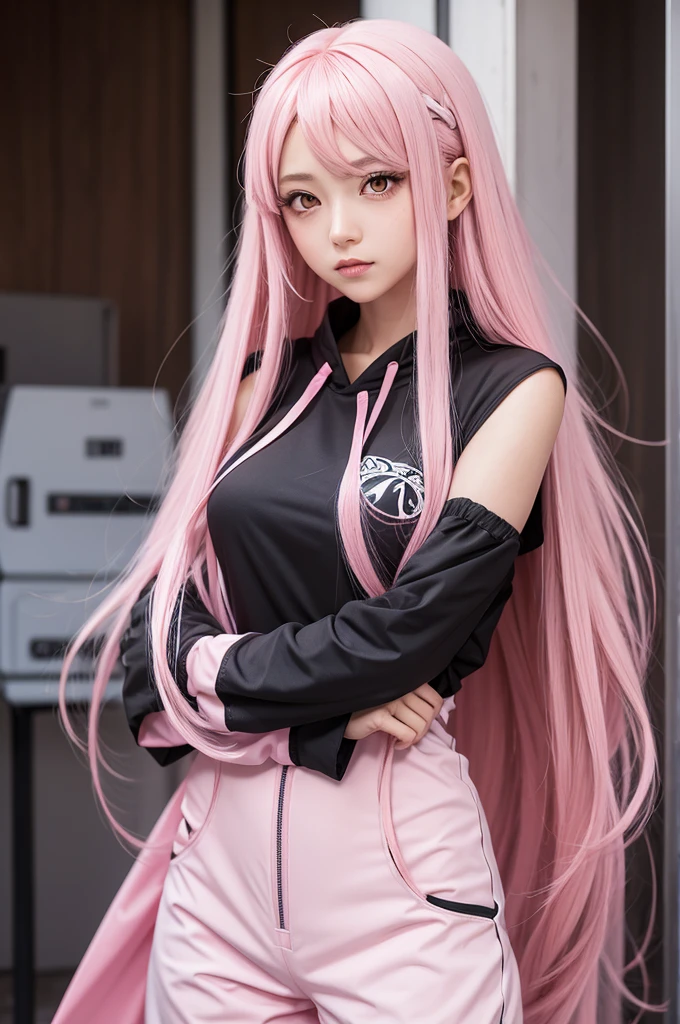 An anime girl with long pink hair and white eyes in pink ninja clothes