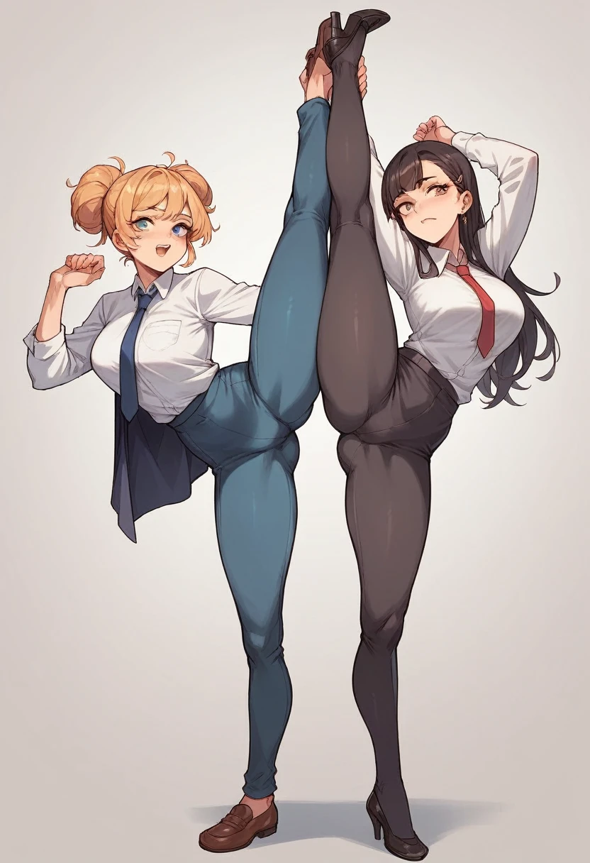 Two School girls in business suit, fully clothed, tight pants, one is doing standing splits, and the other is showing her butt by bending over