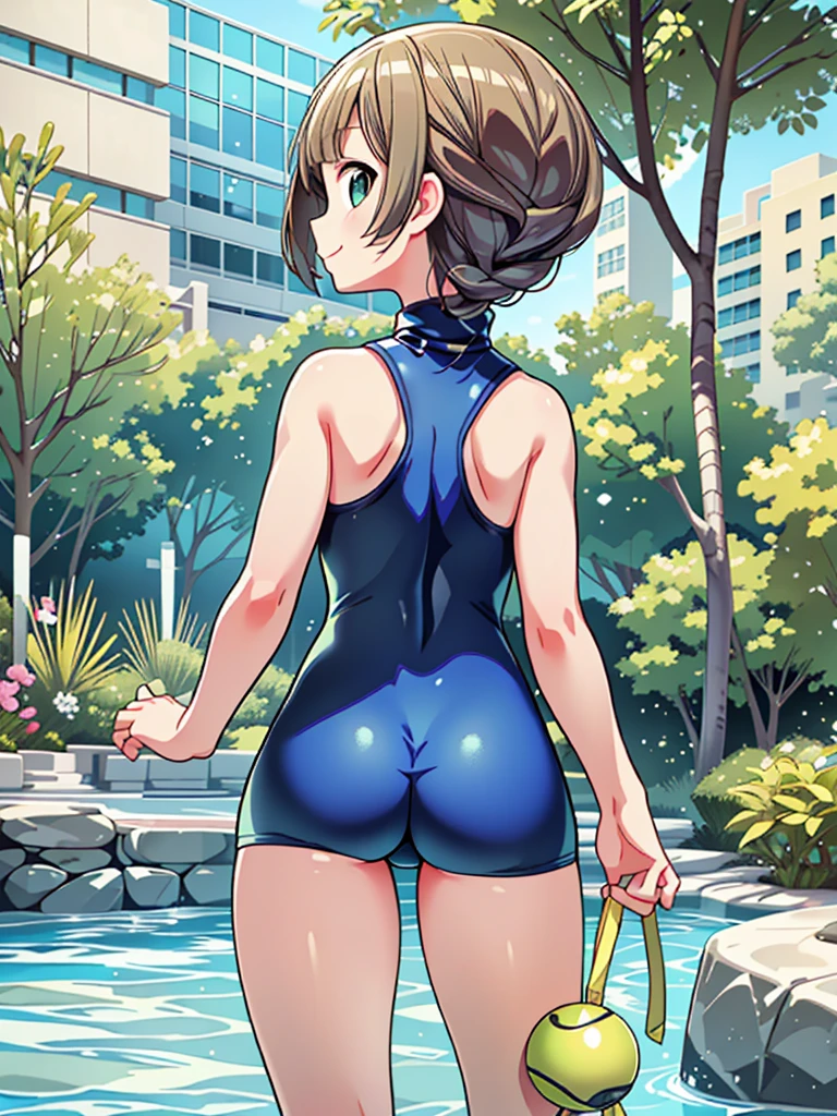 Highest quality, masterpiece, Ultra-high resolution, (Realistic:1.4), RAW Photos, Intricate details, Big beautiful eyes, Perfect contours, masterpiece, One Girl, ((Elementary school students)), Braided Bob, chest is medium size, Competitive swimmer, (one piece, turtleneck,Sleeveless swimsuit), Metallic Green Swimsuit, tight high leg swimsuit, ((back view:1.3, looking over shoulder:1.3, shoot from below:1.3)), Portraiture, View your viewers, Outdoor swimming pool, Partially submerged, Wet Skin, smile, (Underarm)