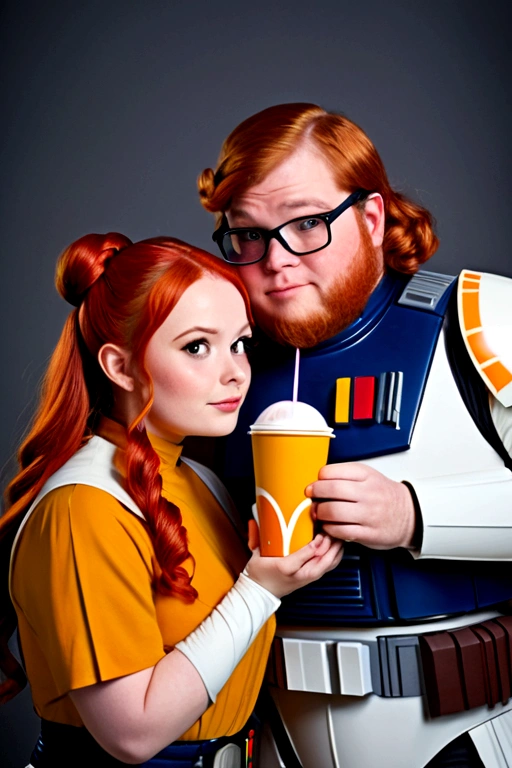 a geek couple dressed as Star Wars clothes, in love and entertained with nerdy things and eating MC Donald's lost in space; the skinny red-haired girl; the chubby man with long hair