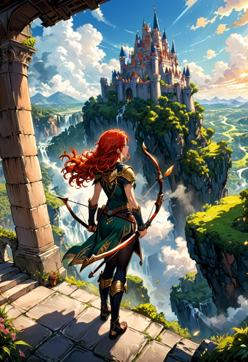 (Archer, bow and arrow, aim), Merida, red hair, Brave, movie, full body, (Photography), panoramic view, award-winning, cinematic still, emotional, vignette, dynamic, vivid, (masterpiece, best quality, Professional, perfect composition, very aesthetic, absurdres, ultra-detailed, intricate details:1.3)