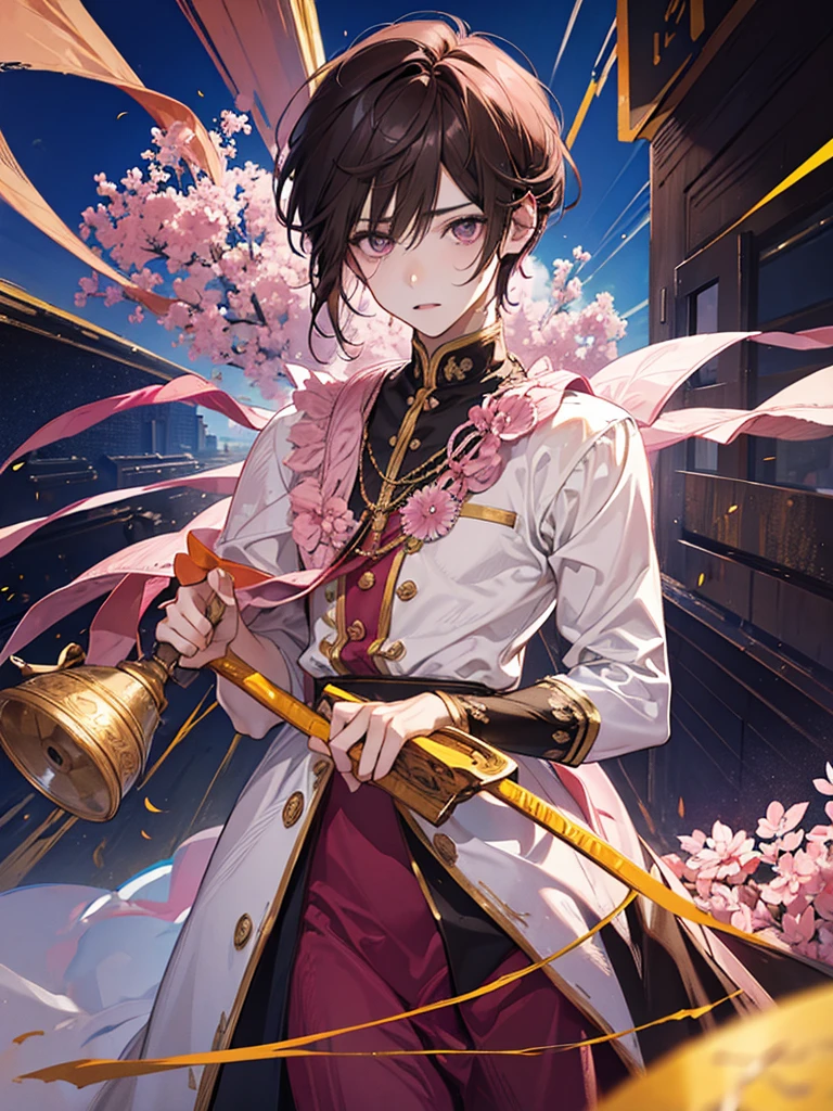 man, pink eyes, short curry brown hair, wear unifrom. handsome man.
