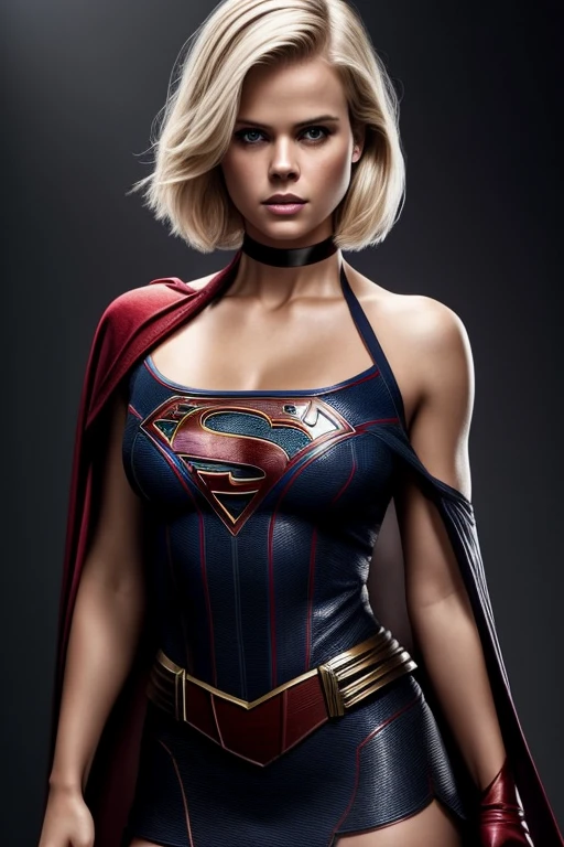 Gorgeous european woman with very short hair, short hair with fringe, wet hair, hair slicked back, combed straight back, slick hair, streaked blonde hair, seductive pose, alice eve as supergirl, torn ragged supergirl costume, cleavage, solid dark grey background with spider web