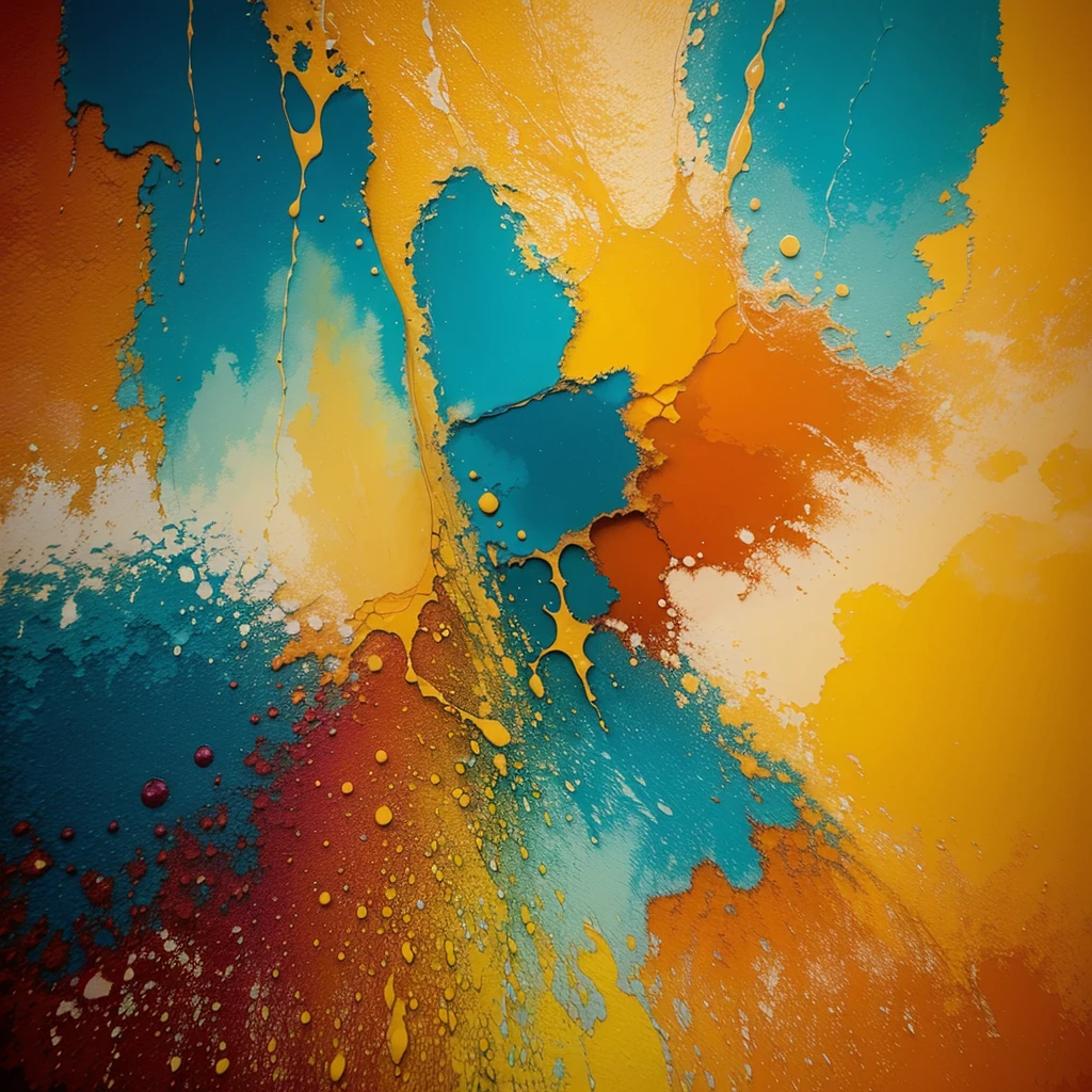 Create an abstract painting with vibrant, bold colors that blend together to form a dynamic composition. Include a variety of shapes and textures to add depth and intrigue. Incorporate warm tones like reds, oranges, and yellows, juxtaposed with cooler tones such as blues and greens.
