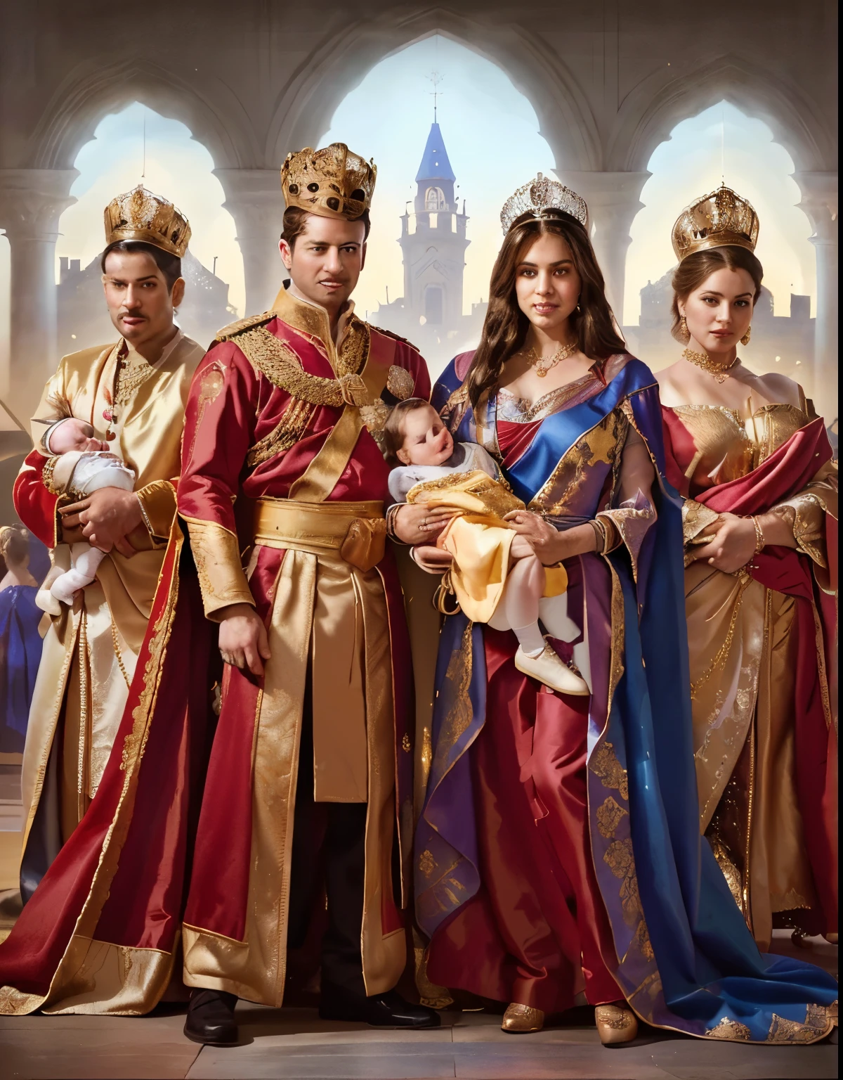 arafed image of a family dressed in costumes and holding a , royal portrait painting, royal portrait, royal family during an argument, royal wedding, royal attire, official fanart, royal painting, royality, imperial portrait, family portrait, royal style, wearing a luxurious royal cloak, official fan art, bejewelled and encrusted royalty