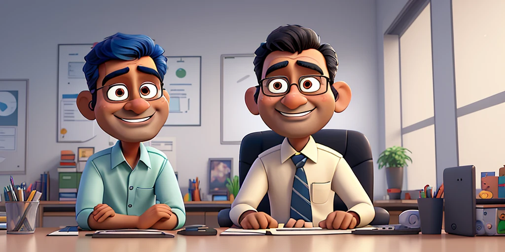Show Mohan talking to his boss in his office. He politely said, 'I accept this responsibility, but I want my friend Sohan to also share in this happiness.cartoon type image 8k