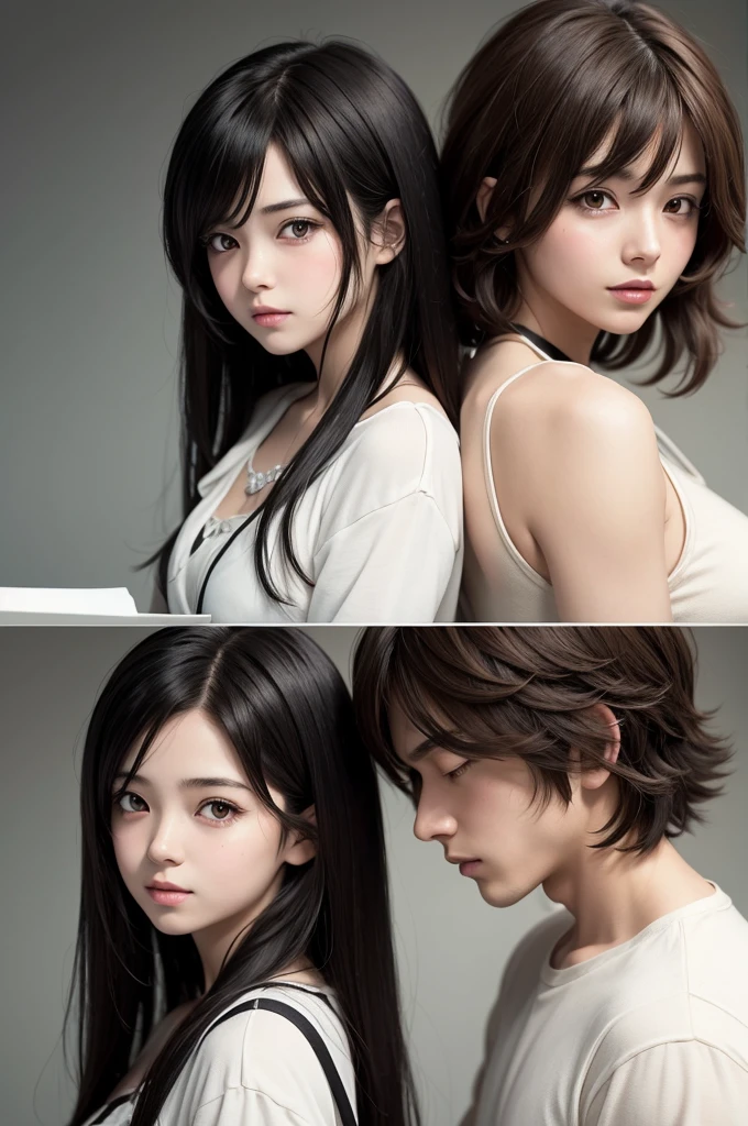 Create an anime-style image about a friendship between a boy with short brown hair and a girl with long black hair