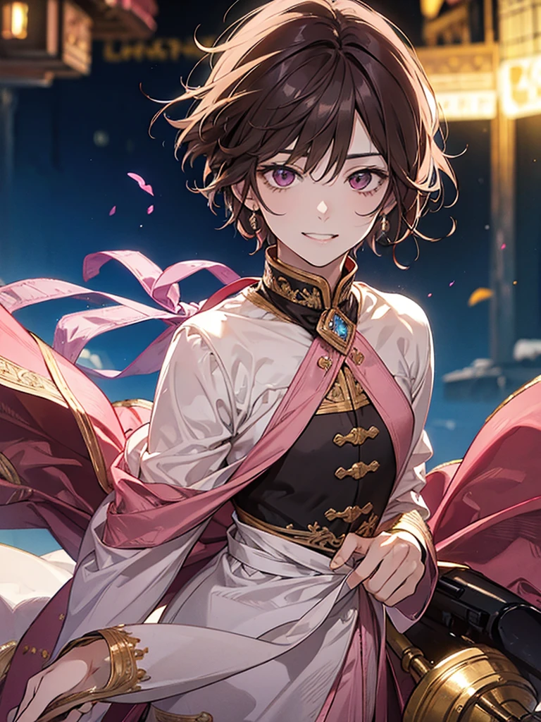 man, pink eyes, short curry brown hair, wear unifrom. handsome man. sadistic smile