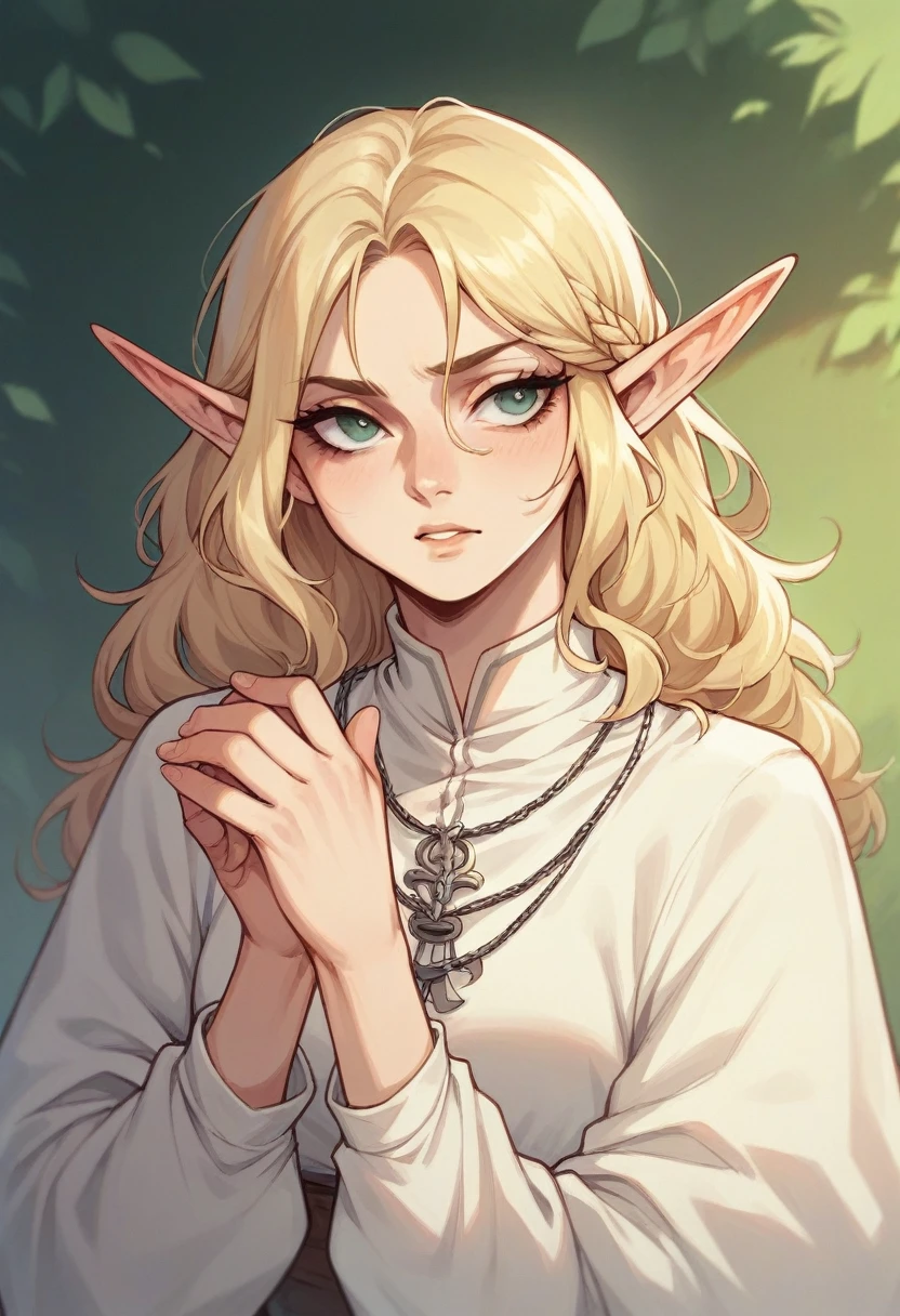 Create a blonde elf with two white streaks in her hair, no medieval time