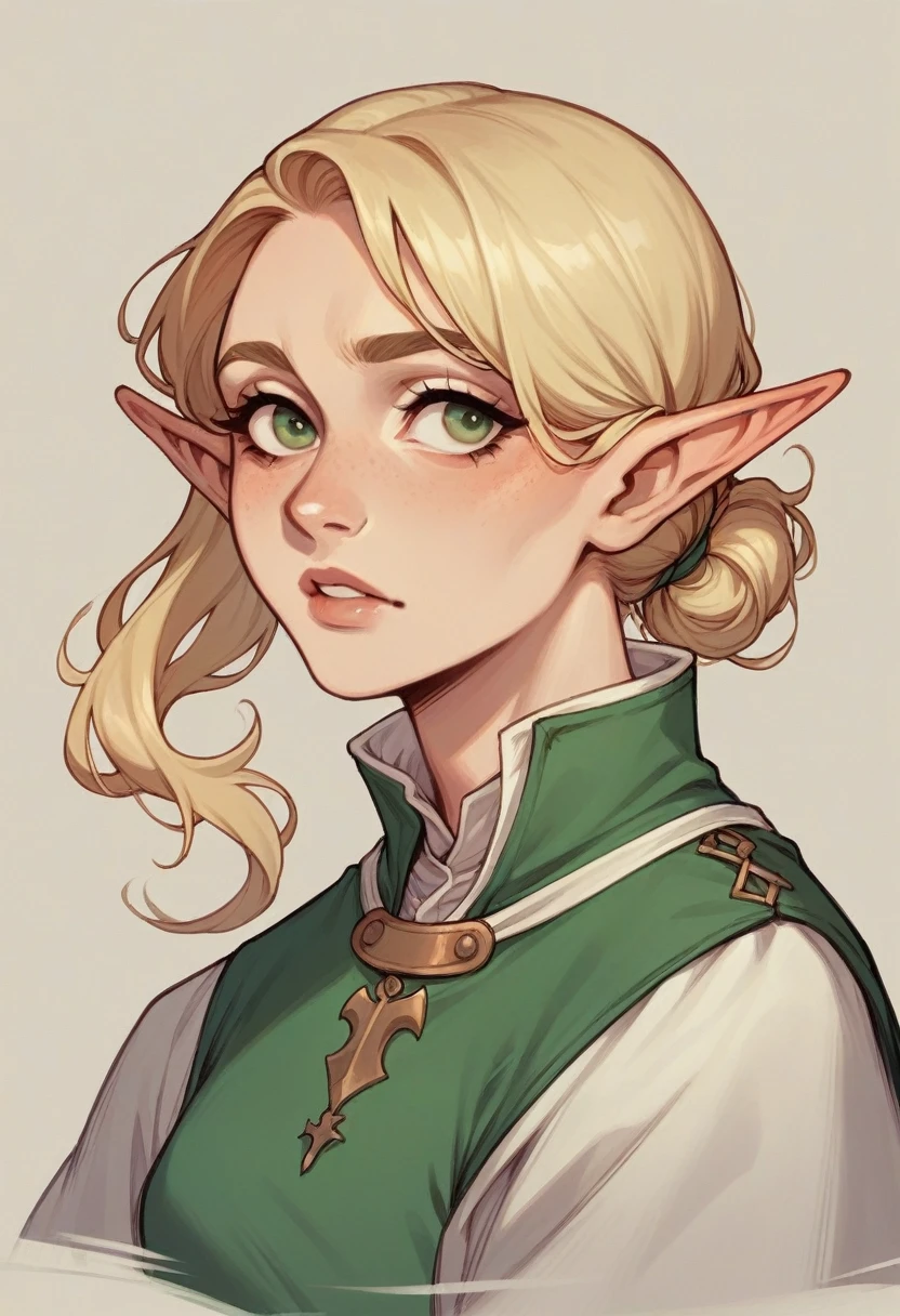 Create a blonde elf with two white streaks in her hair, no medieval time