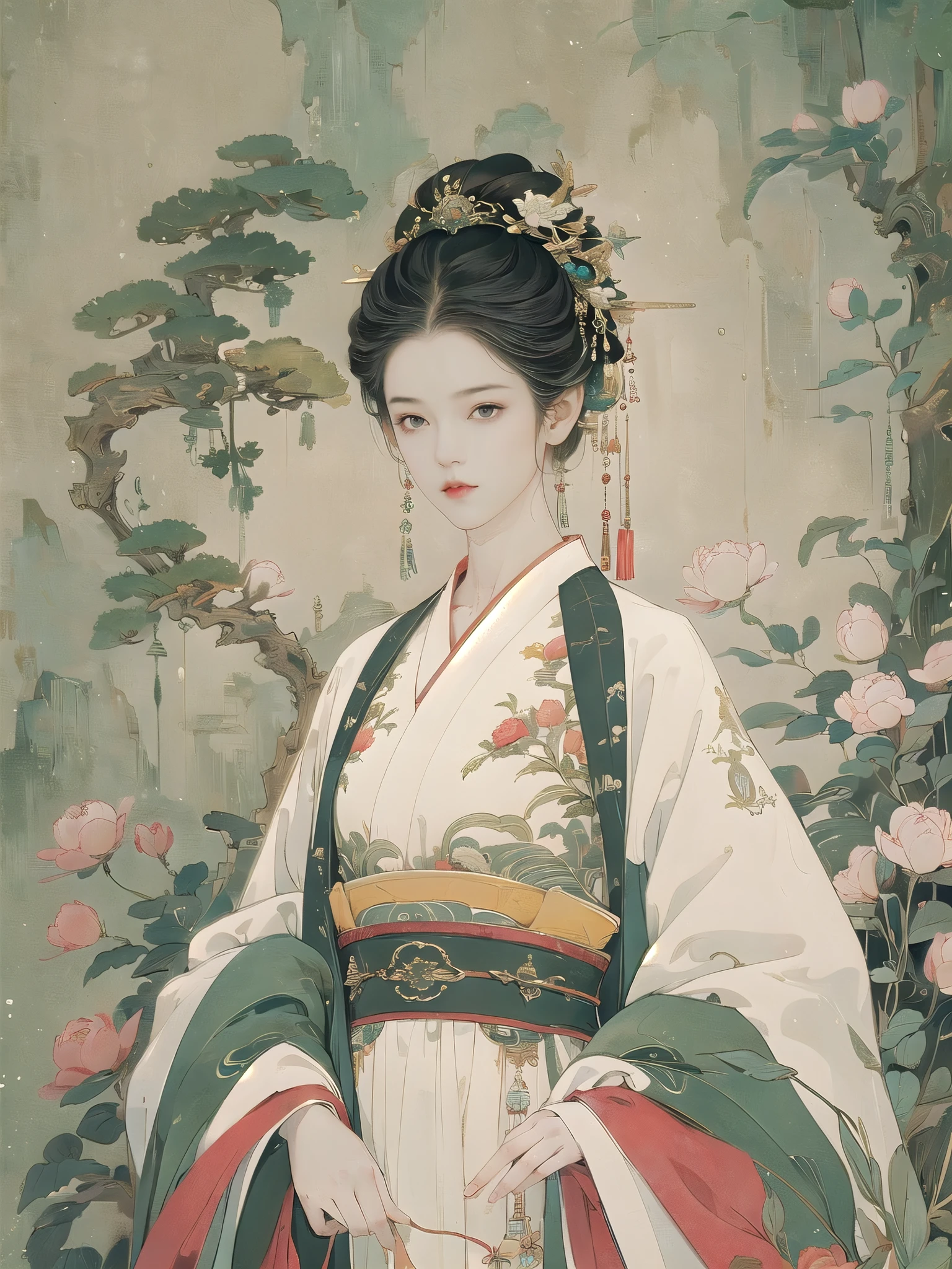 (8K, best quality, masterpiece),{Practical, original photo, Ultra-fine transparent, image, (Influenced by Yoshitaka Amano's style:1.6)}, Practical Light, Delicate skin, (Beautiful slim woman, 25 years old, Court Knight:1.5), Thin legs, Fine particles, Long white hair, Detailed fingers, Thin, Ecstasy expression, Dynamic and sexy pose, (Huge breasts:1.4), (Long skirt, Long red cape, boots:1.2),(Arcadia, Flower Storm, Many flowers:1.8), Unobscured,Beautiful scenery, (Flowers, Wind and Moon:1.5), huaniao