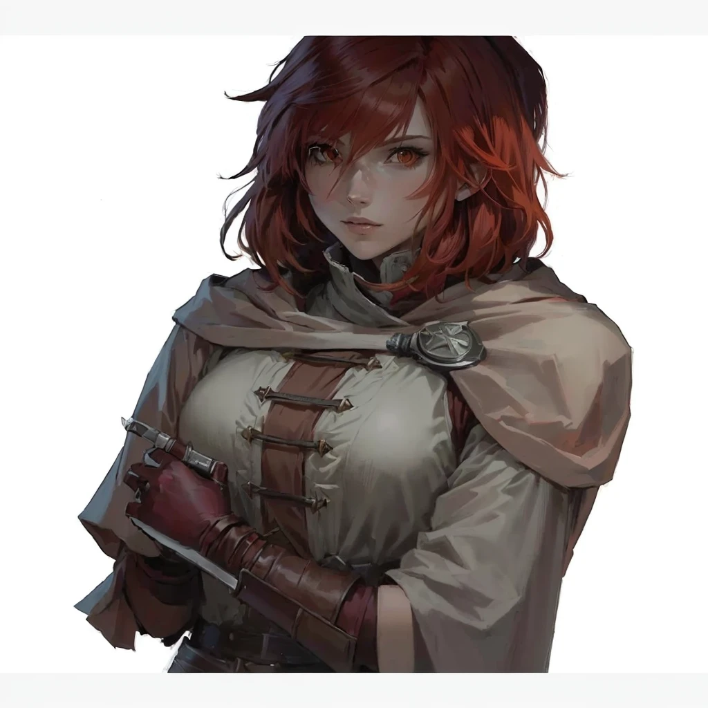 anime girl with red hair and a cape holding a knife, female redhead templar, female protagonist 👀 :8, kvothe do nome do vento, as a dnd character, retrato de meio corpo, female protagonist, full body dnd character portrait, ( ( concept character art ) ), portrait of a dnd character, Caleb from Critical Role, Full body portrait RPG