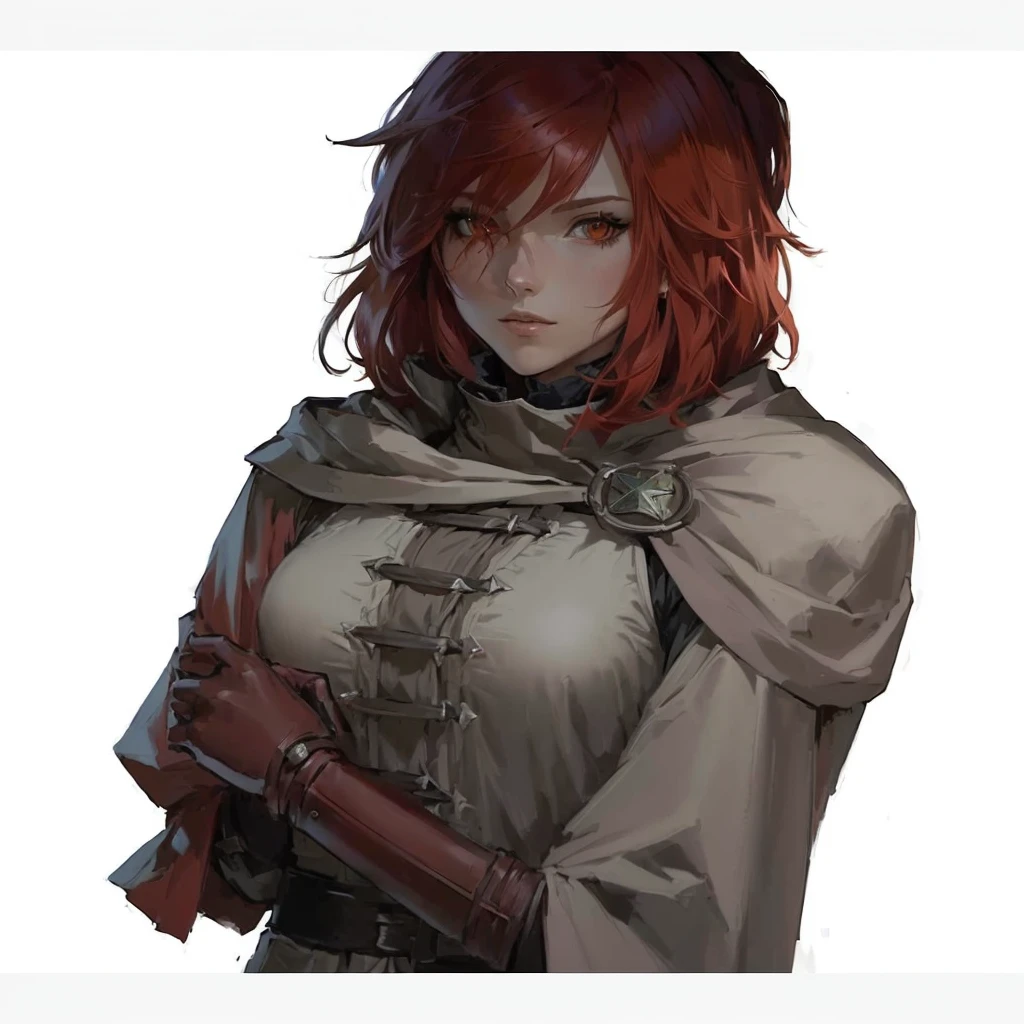 anime girl with red hair and a cape holding a knife, female redhead templar, female protagonist 👀 :8, kvothe do nome do vento, as a dnd character, retrato de meio corpo, female protagonist, full body dnd character portrait, ( ( concept character art ) ), portrait of a dnd character, Caleb from Critical Role, Full body portrait RPG