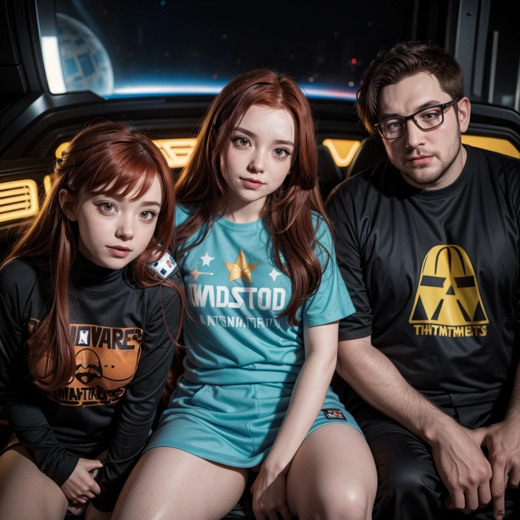 a geek couple dressed as Star Wars clothes, in love and entertained with nerdy things and eating MC Donald's lost in space; the skinny red-haired girl; the chubby man with long hair