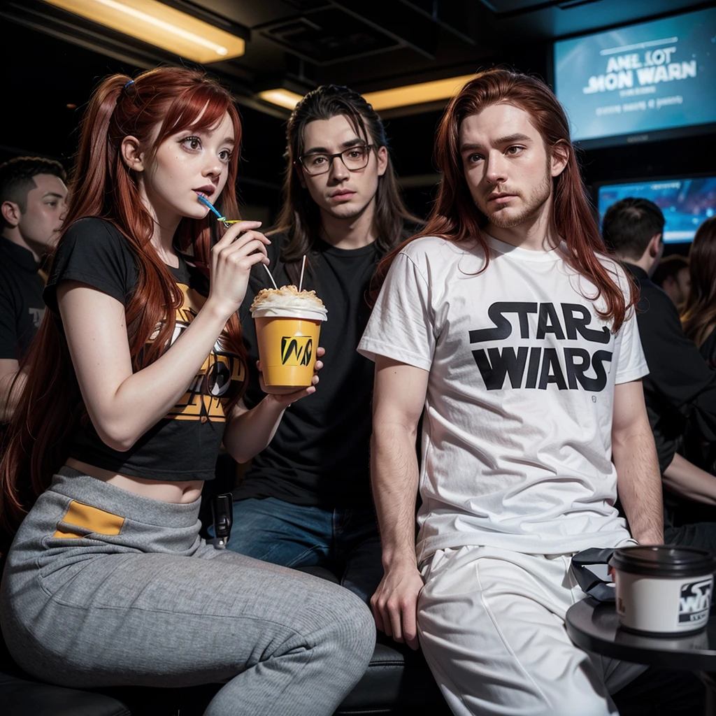 a geek couple dressed as Star Wars clothes, in love and entertained with nerdy things and eating MC Donald's lost in space; the skinny red-haired girl; the chubby man with long hair