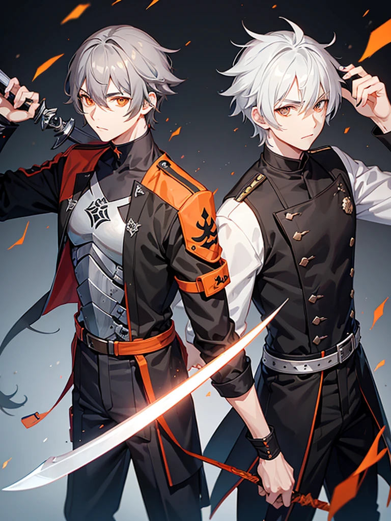 Male character gray hair and orange eyes and black clothes and swords