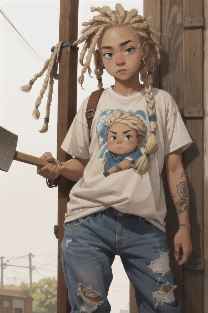  16 year old completely crazy, insane out of her mind with very baggy street style clothes and white skin, blonde short dreadlocks in her hair and holding an ax with the wooden handle, a little chubby with just a tattoo on her left arm, 