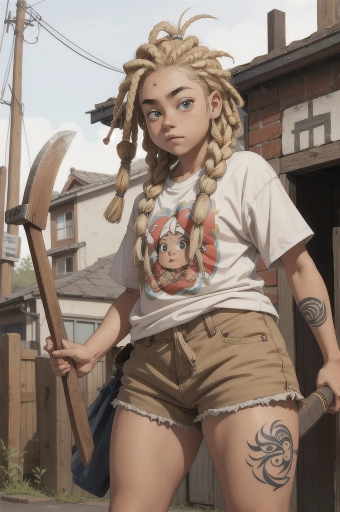 old completely crazy, insane out of her mind with very baggy street style clothes and white skin, blonde short dreadlocks in her hair and holding an ax with the wooden handle, a little chubby with just a tattoo on her left arm,