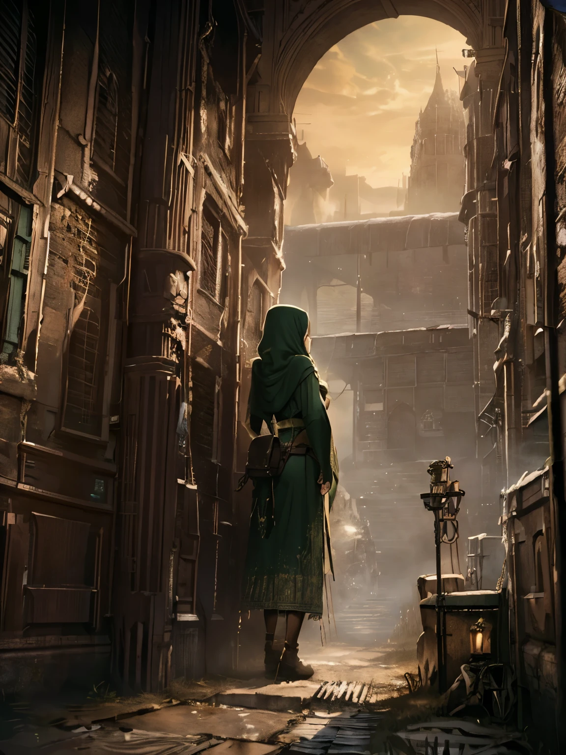 (masterpiece、Highest quality、High resolution、unity 8k wallpaper、Highly detailed CG:1), Full-body character portrait "Pilgrims in green" from "Dark Souls 2." She wears a long green hooded robe with intricate gold patterns.. She has a void, Mechanical expression, It shows that she has endured many years.. The image is taken from an angle that shows her face at a slight angle from the front, with a small leather pouch hanging from her belt. In the background is a desolate moorland with a few cabins.、It is best to take the photo at sunset.。.