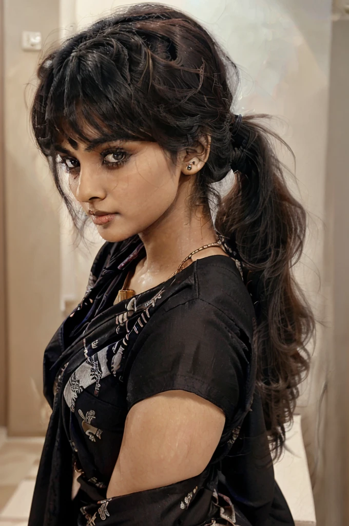 An Indian 30-year-old woman with mid-length black hair styled in a ponytail and side-swept bangs from the left side of her head to the right. The edge of her bangs is cut into a straight line but looks unprofessionally cut. The bangs are sectioned a bit back from the line above the end of her ear, and the sectioned line is visible. She has black eyes and fair skin. She is wearing a traditional saree.