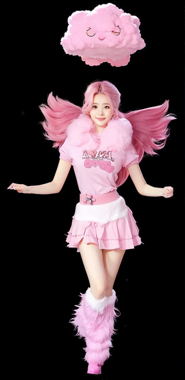  cute with pink skirt, cropped rosa, pink handle , long straight pink hair, cute furry boot, pink fluffy cloud over head.
