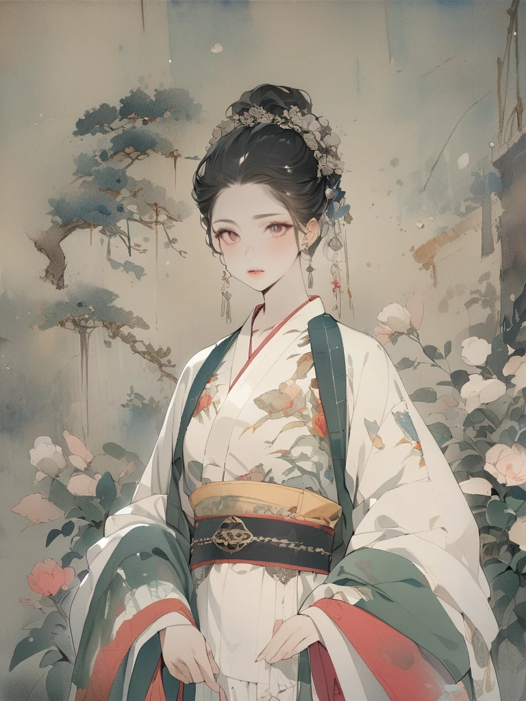 (8K, best quality, masterpiece)，1girl, watercolor (medium), {Practical, original photo, Ultra-fine transparent, image, (Influenced by Yoshitaka Amano&#39;s style:1.6)}, Practical Light, Delicate skin, (Beautiful slim woman, 25 years old, Court Knight:1.5), Thin legs, Fine particles, Long white hair, Detailed fingers, Thin, sex, Ecstasy expression, 动感sex感的姿势, (巨大有弹sex的坚挺胸部:1.4), (sex感指挥官的盔甲, Long skirt, Long red cape, boots:1.2),(The armor has a larger chest opening;1.6), Exposing breasts, (Arcadia, Flower Storm, Many flowers:1.8), Unobscured，Beautiful scenery, (Flowers, Wind and Moon:1.5)