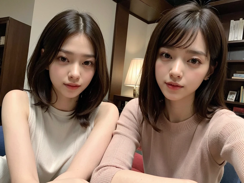(Sleeveless:1.3) beautiful, thin, Fair Arms　Pureeros　(super highest quality:1.3) (Very realistic, Realistic:1.3), (Sharp focus:1.3) Pure　(Sharp focus:1.3) Wide background々Luxurious living room　Bookshelf　3D　Beautiful gradients　  A happy and kind smile　Very high quality and stylish　See-through bangs　　Elegant and intelligent　Clean and stylish　Excellent Education　Women's Fashion Magazine　model　　 (Realistic and very high quality:1.3). (High resolution/High resolution:1.3)　　Tabletop, Very delicate and beautiful, Soft Light, (Brown Hair, Shoulder-length straight bob hair)  Beautiful detailed girls, Highly detailed eyes and face, beautifully detailed nose, thin and beautiful eyes, 1 girl, Japanese, Pureな beauty, cute, young, Very stylish　　A spring sweater in spring-like colors　Very stylish　Supported by women　Trending Fashion　, (Medium Chest), Realistic Face, Realistic body, 