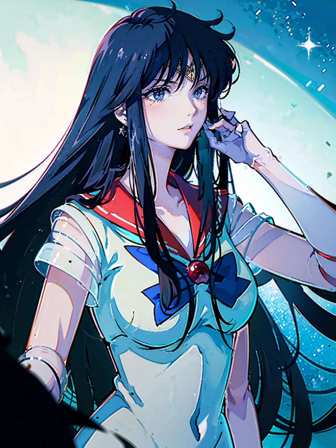 masterpiece, Highest quality, 8k Sailor Mars, Unhealthy face:1.9, Dark Eyes:1.5, Dark circles under the eyes, Long Hair, Long Bangs, Eyes through the bangs, Big eyes,　Turquoise Eyes, Bust Shot, Yandere:1.5, Unhappy face, Lifeless face, Dark atmosphere
