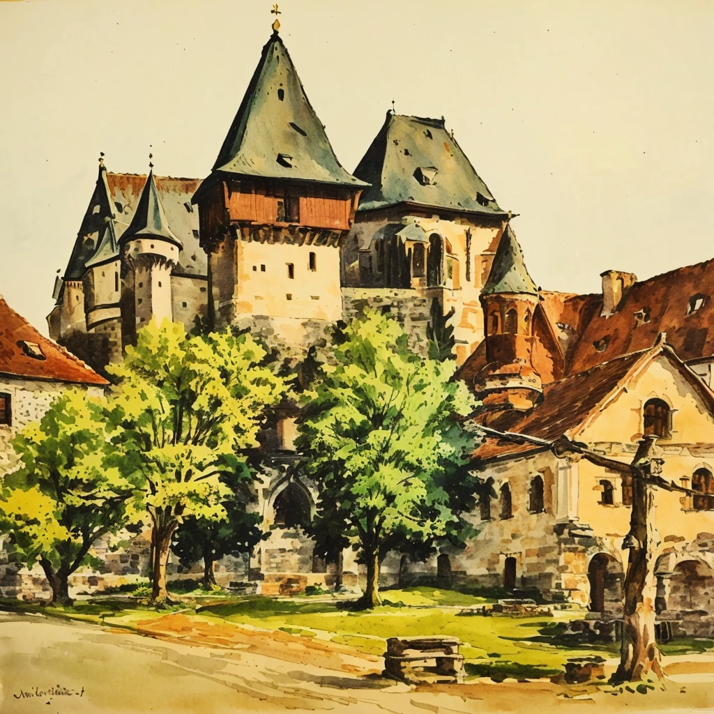 Painting of a castle with clock tower and tree, old castle, by Wojciech Weiss, von Henryk Stażewski, by Karl Pümpin, von Ferenc Joachim, von Franciszek Smuglewicz, by Luděk Marold, von József Koszta, von Bertalan Székely