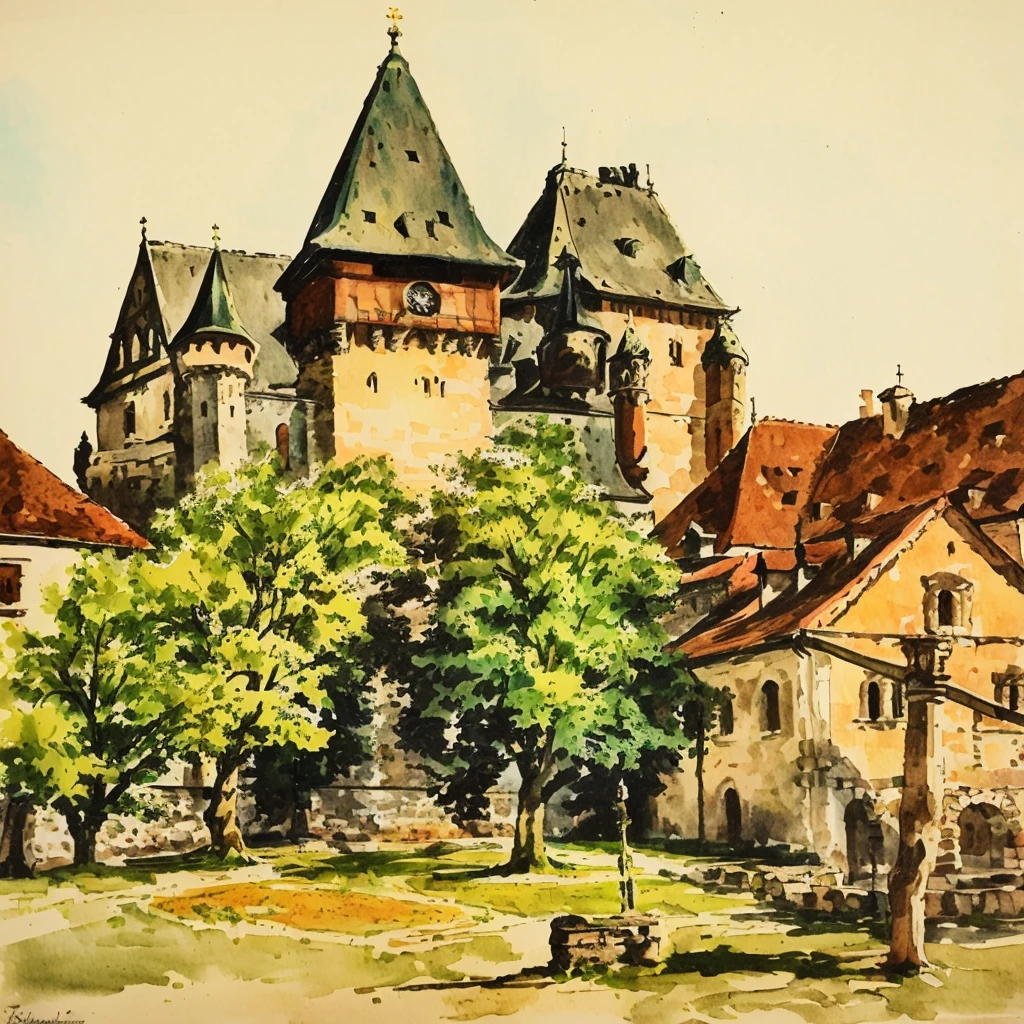 Painting of a castle with clock tower and tree, old castle, by Wojciech Weiss, von Henryk Stażewski, by Karl Pümpin, von Ferenc Joachim, von Franciszek Smuglewicz, by Luděk Marold, von József Koszta, von Bertalan Székely