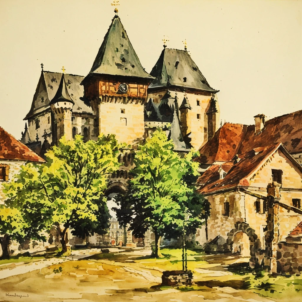 Painting of a castle with clock tower and tree, old castle, by Wojciech Weiss, von Henryk Stażewski, by Karl Pümpin, von Ferenc Joachim, von Franciszek Smuglewicz, by Luděk Marold, von József Koszta, von Bertalan Székely