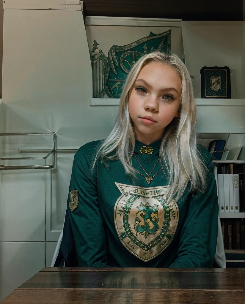 a beautiful teenage girl (Jordyn Jones), , Slytherin house student, wearing a tight , leaning against a desk in a Hogwarts classroom, seductive expression, fantasy, magic, witchcraft, Hogwarts, detalied face, slim face, detailed eyes