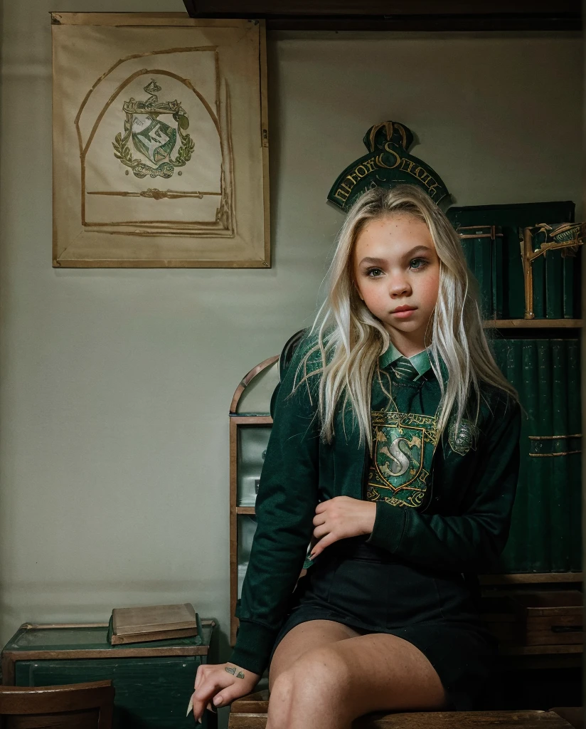 a beautiful teenage girl (Jordyn Jones), , Slytherin house student, wearing a tight , leaning against a desk in a Hogwarts classroom, seductive expression, fantasy, magic, witchcraft, Hogwarts, detalied face, slim face, detailed eyes