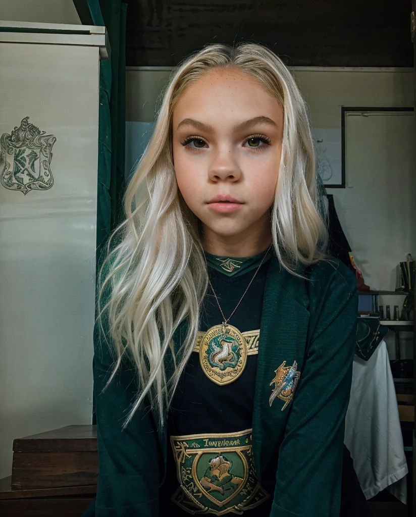 a beautiful teenage girl (Jordyn Jones), 16 year old, Slytherin house student, wearing a tight , leaning against a desk in a Hogwarts classroom, seductive expression, fantasy, magic, witchcraft, Hogwarts, detalied face, slim face, detailed eyes