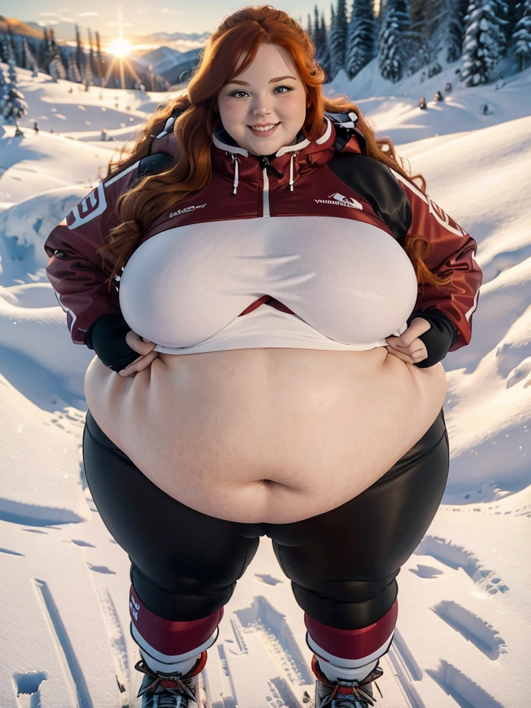 A happy photo of a young beautiful redhead girl bbw with ???????????? with long curly ginger hair soft fat belly, wide fat obese ????, thick fat legs and fat arms, in full warm covering skiing clothes, skiing coat, skiing pants on a snowy mountain, it is snowing at sunset