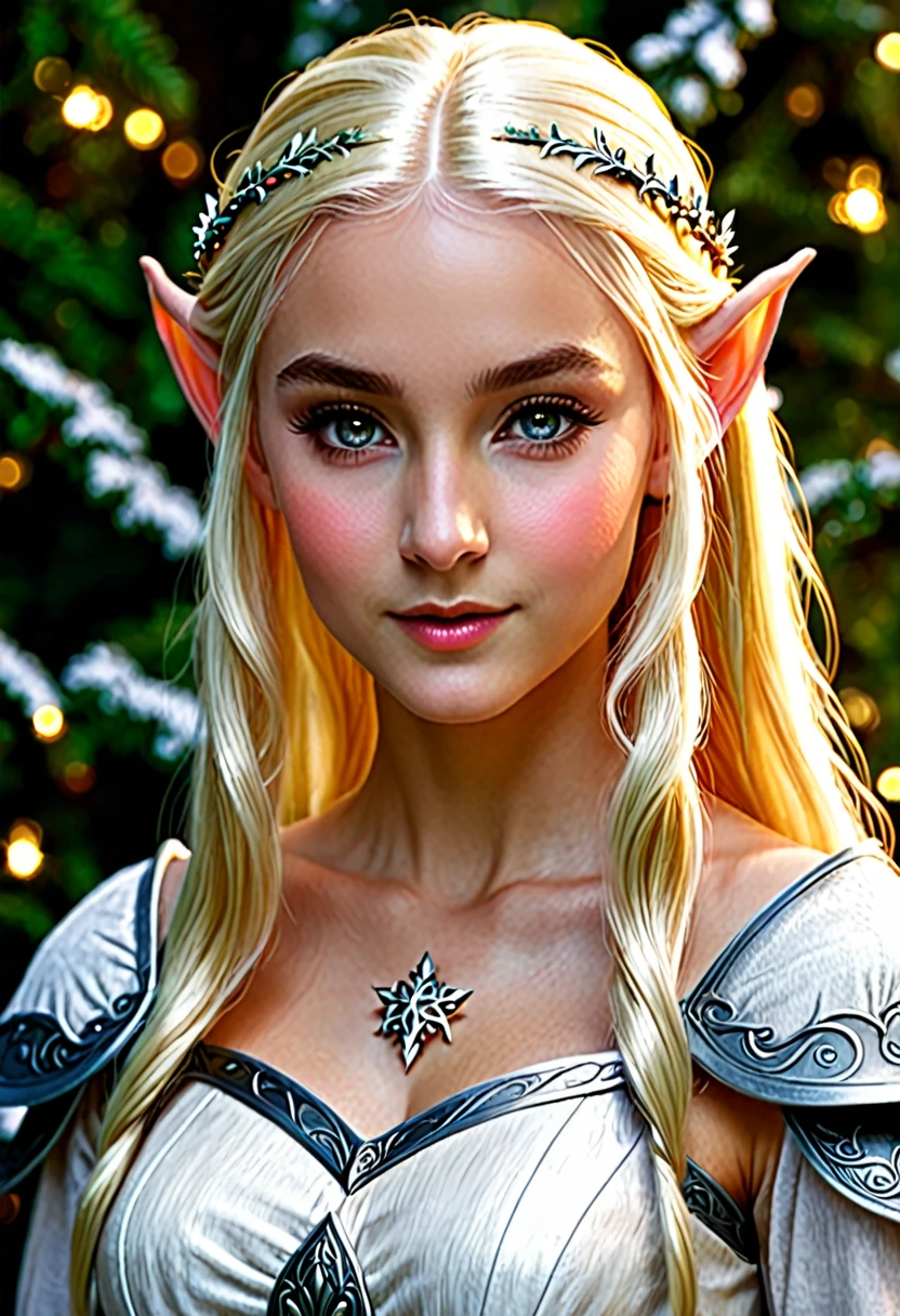 Create a blonde elf with two white streaks in her hair, no medieval time