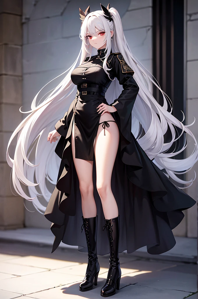 Girl, 20 years old, with long white hair down to below her waist, a serious yet tender expression, and red eyes. Her hair features black streaks. She wears antique-style clothing, a long black dress with a slit on the legs, and high black boots that almost reach her knees. Her power and background are related to shadows and darkness. dark escense, figth stance