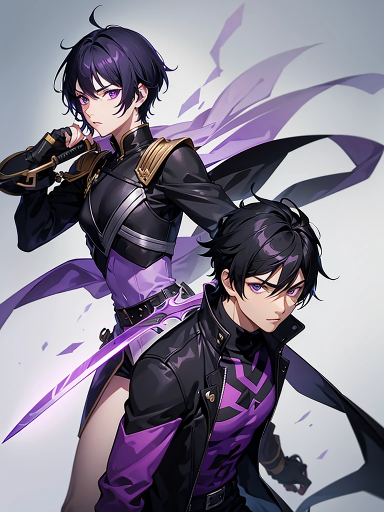 Male character with black hair and purple eyes and swords