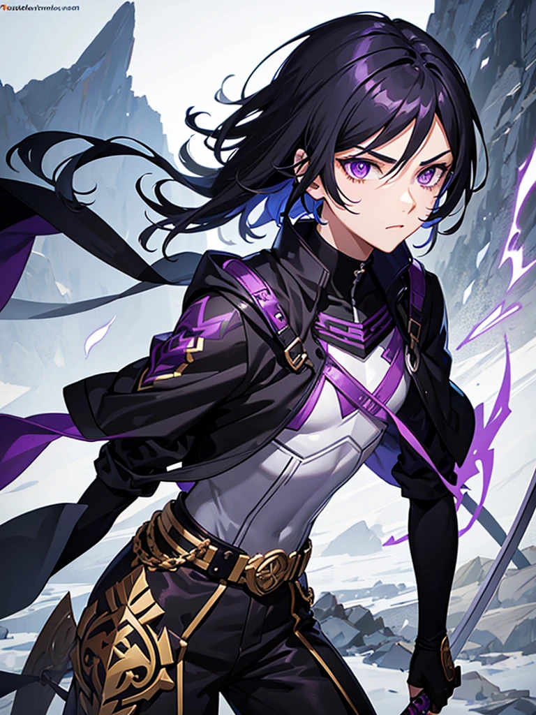 Male character with black hair and purple eyes and swords