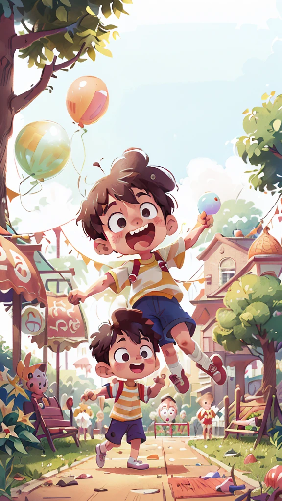 Poster making, Children's Day, in the amusement park, a  boy holding a balloon, happy, jumping, happy --v 6