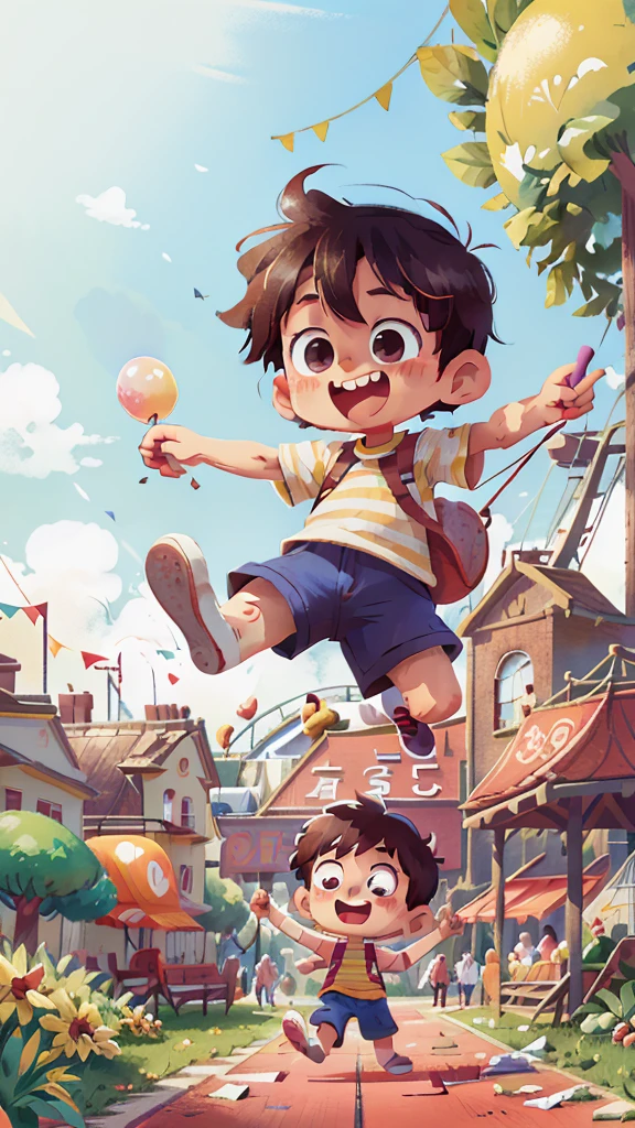 Poster making, Children's Day, in the amusement park, a little boy holding a balloon, happy, jumping, happy --v 6