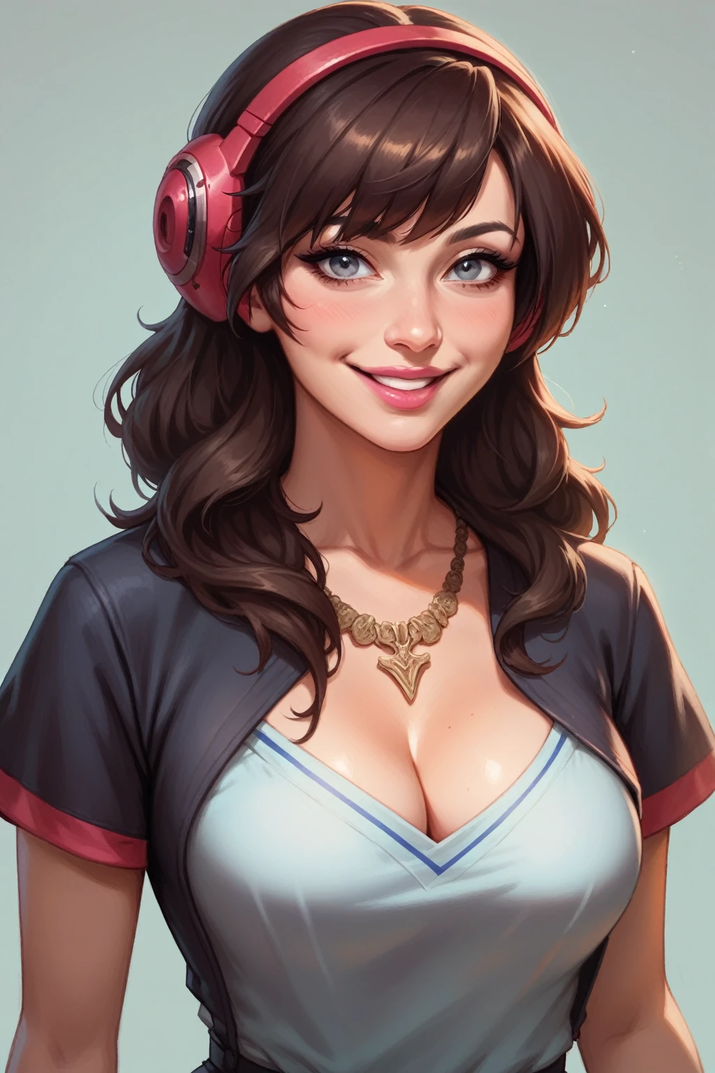 Brown Haired girl, red headphone in hair, blue-grey eyes, intense look, black eyeliner, brown necklace, cleavage, medium breast, pink lips, smiling, sweet girl. Grey background. Masterpiece, detailed, UHD