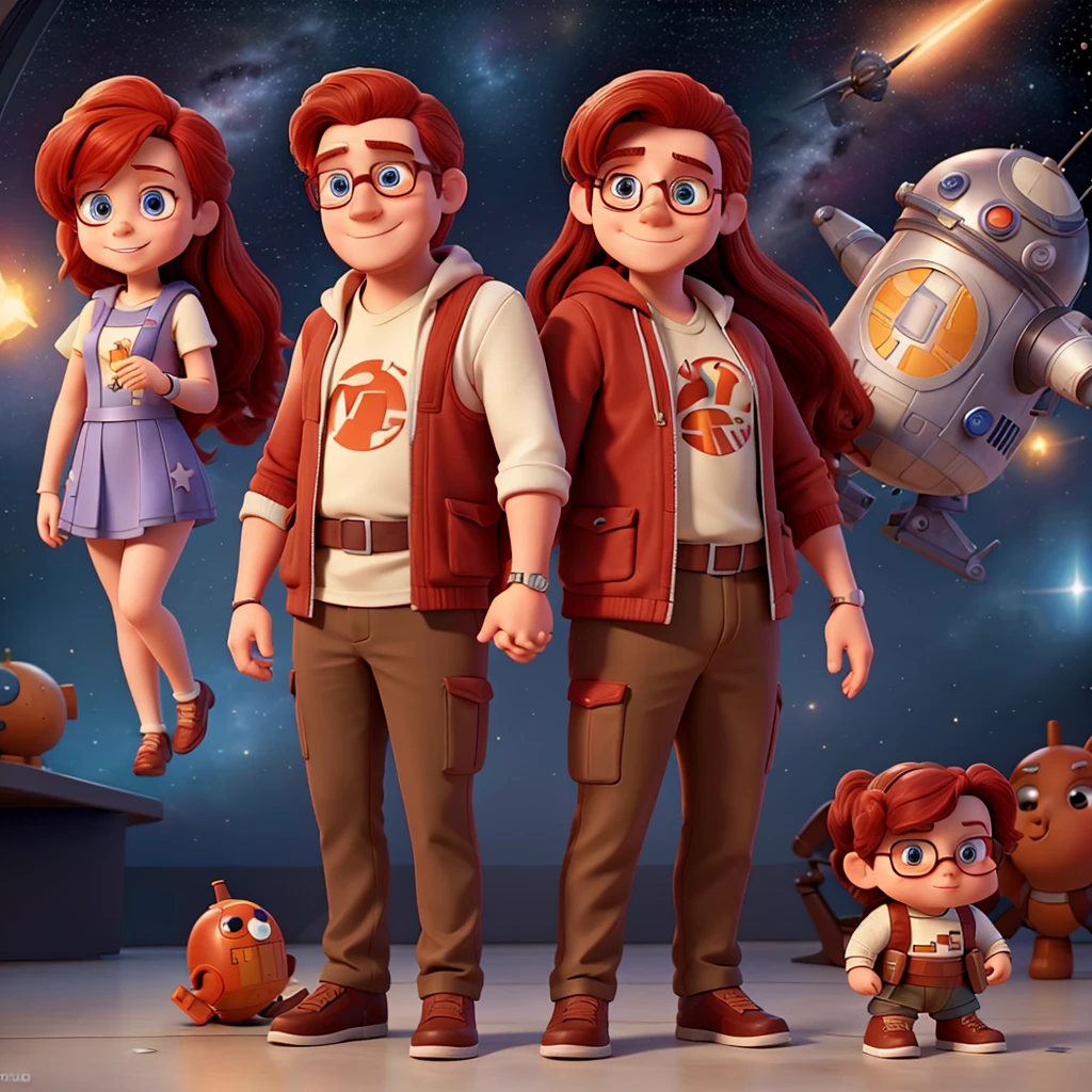 a geek couple dressed as Star Wars clothes, in love and entertained with nerdy things and eating MC Donald's lost in space; the skinny red-haired girl; the chubby man with long hair