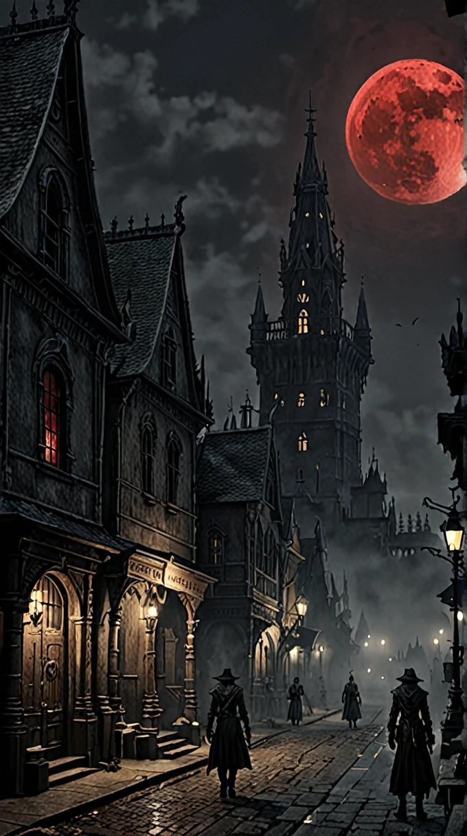 City of Yharnam, oil, Red Moon, Realistic, Attention to detail, scared, That&#39;s horrible, Dark and warm environment, 8K, amazing, (Using the Dream Spreading Secret Prompt),  (Black and white images, Red accents), Ultra-high resolution