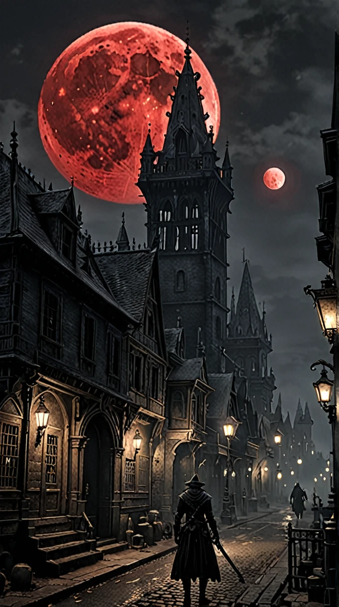 City of Yharnam, oil, Red Moon, Realistic, Attention to detail, scared, That&#39;s horrible, Dark and warm environment, 8K, amazing, (Using the Dream Spreading Secret Prompt),  (Black and white images, Red accents), Ultra-high resolution