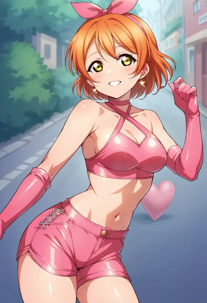 Masterpiece, best quality, Hoshizora rin love live, yellow eyes, orange hair,(pink tight crop top), halter neck,elbow gloves, (pink latex shorts), in street , magical girl, earrings, sexy pose 