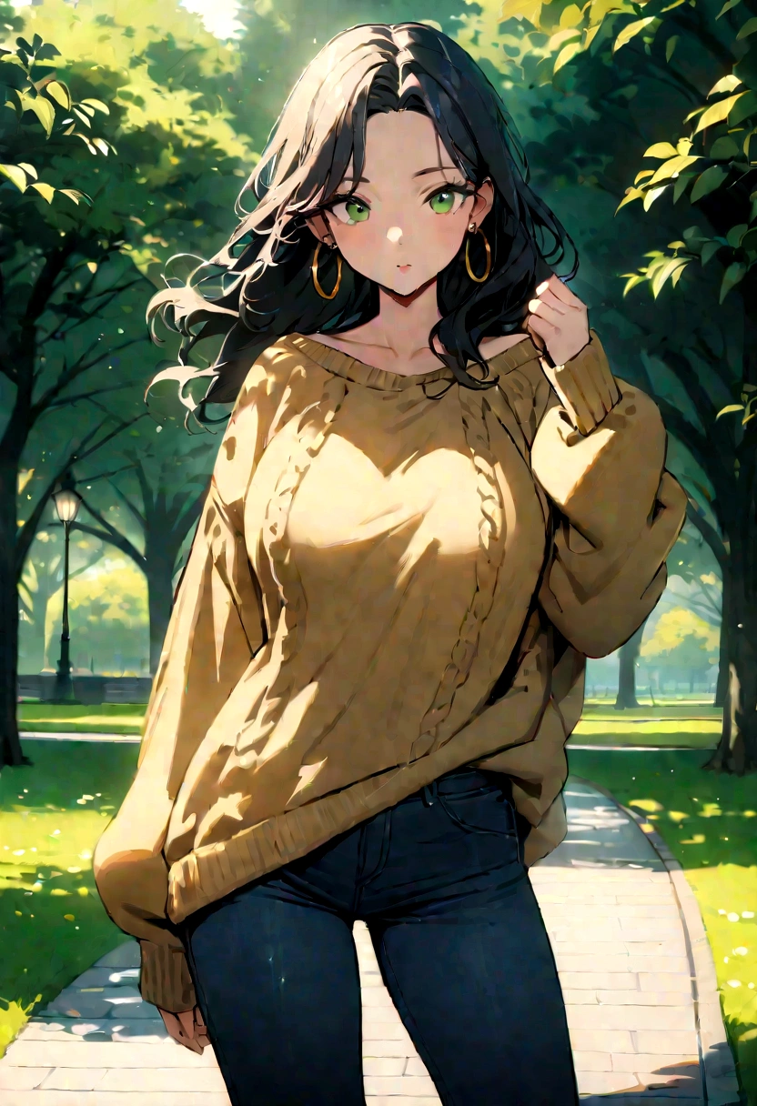 (masterpiece:1.2, best quality), 1lady, solo, upper body, big tits, Dark wash skinny jeans, oversized sweater, ankle boots, Loose waves, center part, simple hoop earrings, green Park