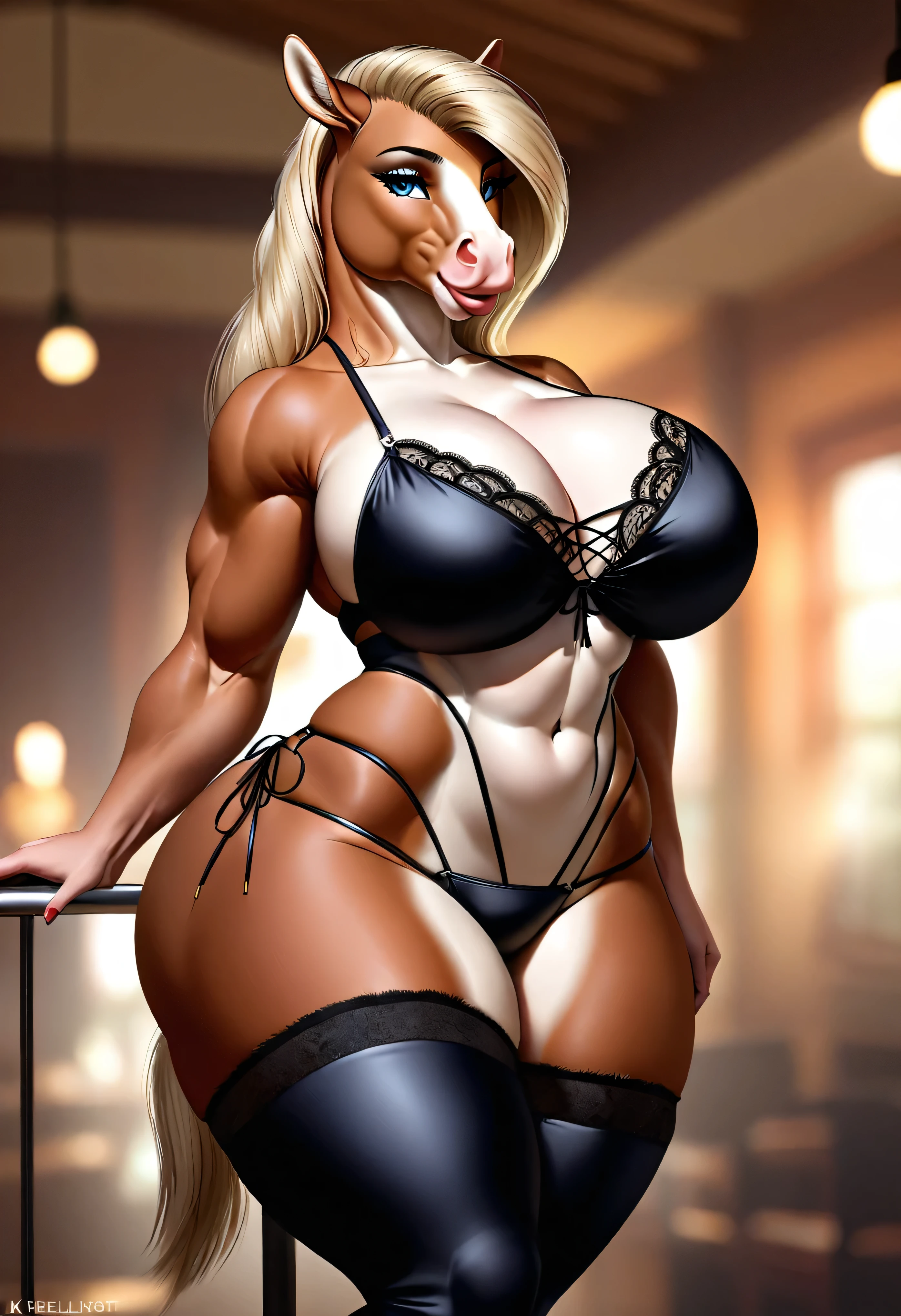 4k highly detailed realistic digital extremely high quality drawing, masterpiece, (by keeltheequine, uploaded on e621), (a full body photo of a sexy horsegirl), (thick lips), (wearing lingerie with stockings and high heels), (beautiful and detailed eyes: 1.1), furry anthro, full body fur, busty, bimbo, seductive, sexy, large breasts, muscles, cinematic lighting, (f1.8 short focus bokeh)